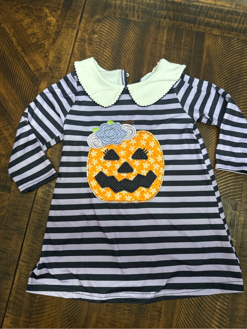 Girls' Halloween Pumpkin Stripe Dress with Peter Pan Collar - Black and purple